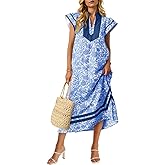 Wenrine Womens Summer Floral Maxi Dress Casual Short Cap Sleeve V Neck Color Block Side Slit Loose Boho Beach Dresses