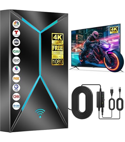 Antenna TV Digitale Interna/Esterna 300 Miglia – 4K 1080p VHF/UHF Con Cavo 13FT – Amplificata
