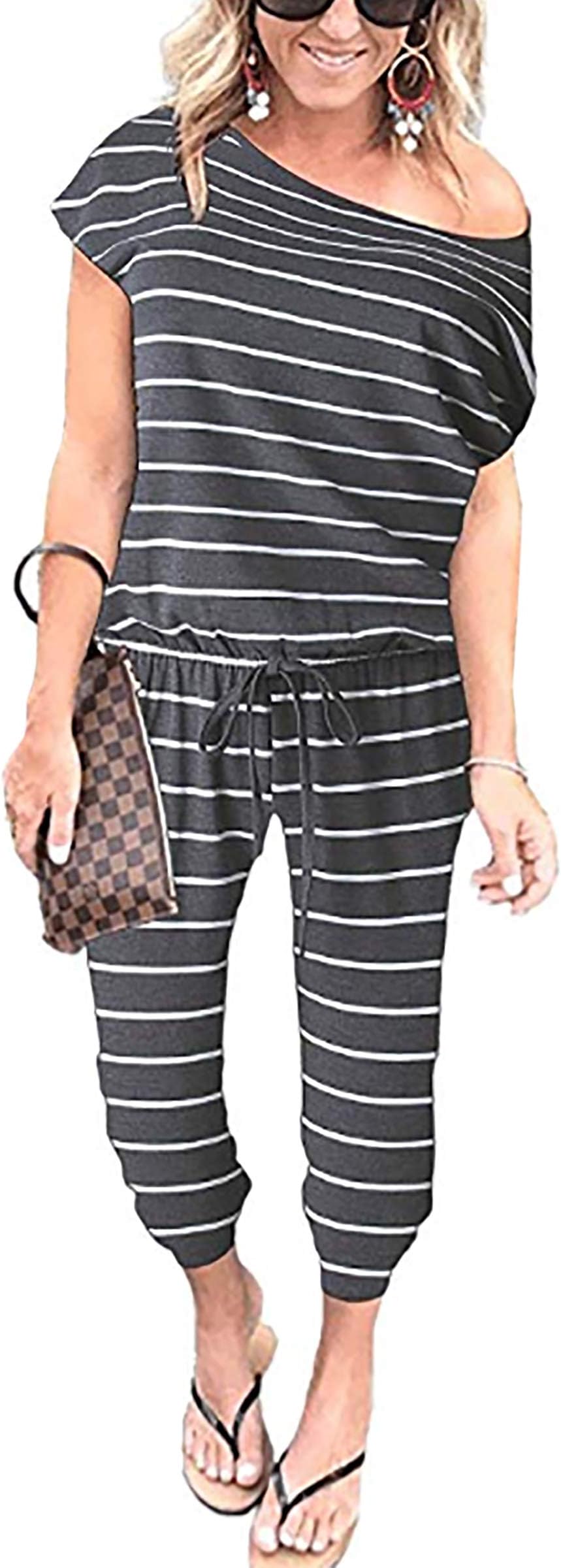 Angashion Women's Jumpsuits - Crewneck One Off Shoulder Short Sleeve Elastic Waist Romper Playsuits with Pockets