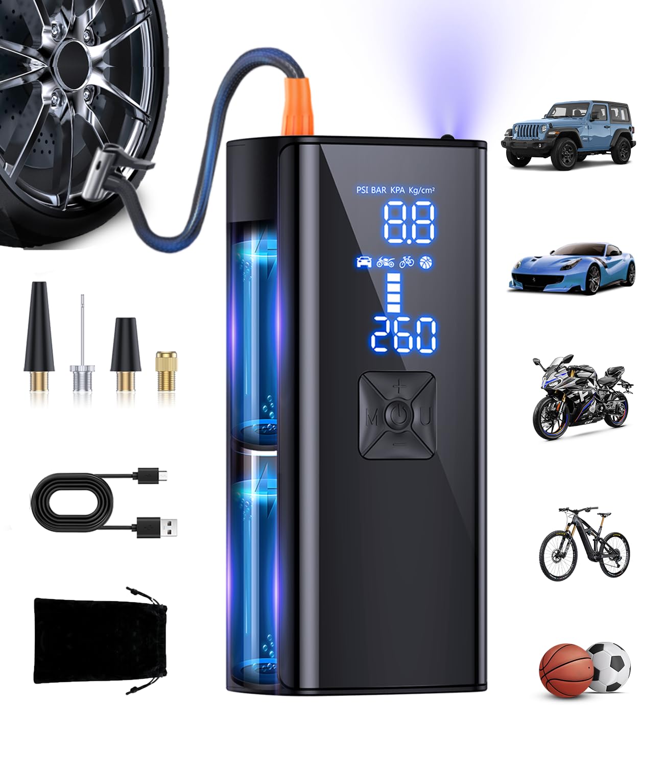 GJOSYOI Tire Inflator Portable Air Compressor, 2X Faster Inflation Air Pump with Tire Pressure Gauge and LED Light, 150 PSI Portable Compressor for Cars, Balls, Bikes and Motorcycles Image