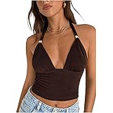 SOLY HUX Women's Deep V Neck Halter Crop Top Sleeveless Backless Vest Shirts Streetwear
