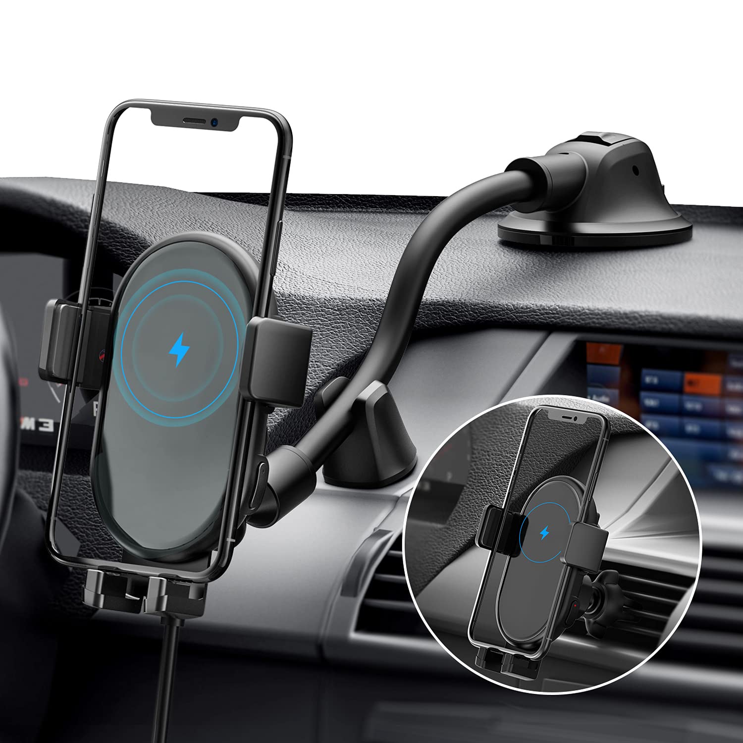 Wireless Car Charger, Qi Car Charger 15W/10W/7.5W, Auto-Clamping Car Wireless Charger, Air Vent Car Phone Holder Compatible with iPhone 12 11/Pro/Pro Max/XR/XS/X/8/8 Plus, Galaxy Note 20/S20/S10, etc