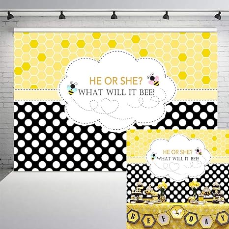 Comophoto 7x5ft Bee Theme Gender Reveal Party Backdrop Bumble Bee He Or She Baby Shower Photography Background Honeycomb Dots Bee Day Party Banner