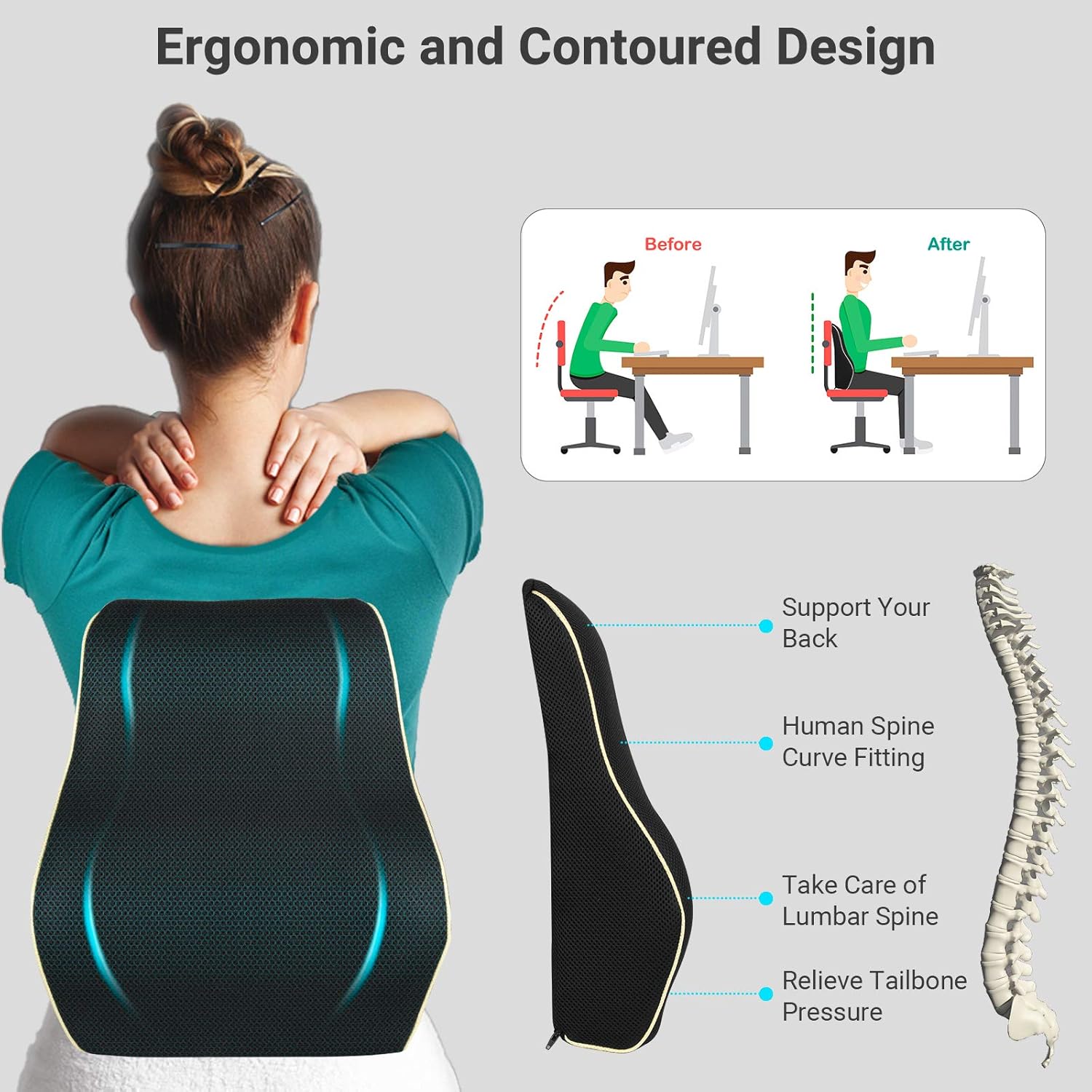 AMERIERGO Lumbar Pillow, Memory Foam Back Cushion with Breathable Mesh Cover, Multifunctional Lumbar Support Pillow for Office Chair, Computer Chair & Car Seat: Home & Kitchen