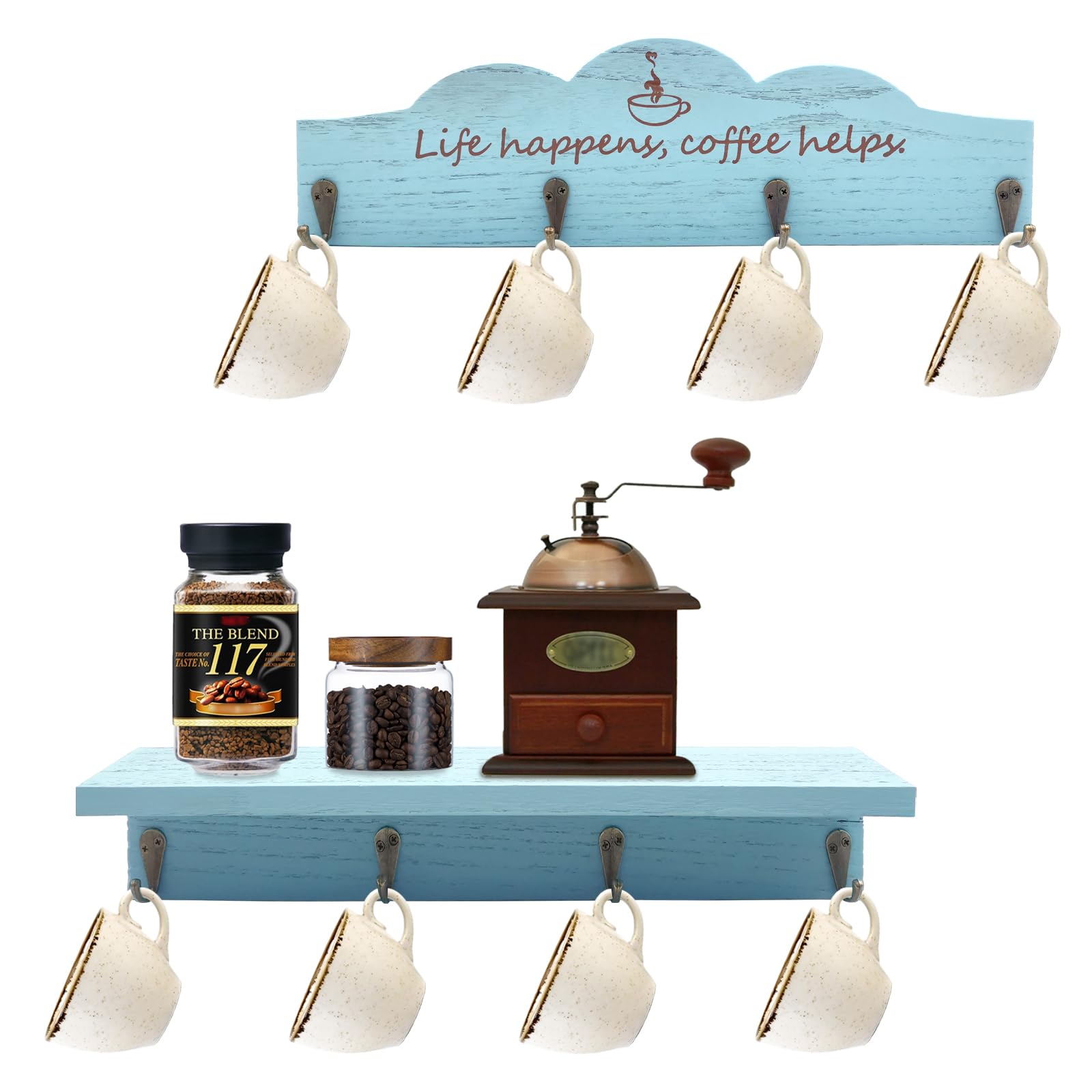 LYFJXX Coffee Cup Holder Wall Mount with 8 Hooks, 2 Pieces Wooden Coffee Cup Holder with Coffee Sign, Tea Cup Hanger for Bar, Kitchen Organiser Display, Coffee Corner Decor (Blue-2pcs)