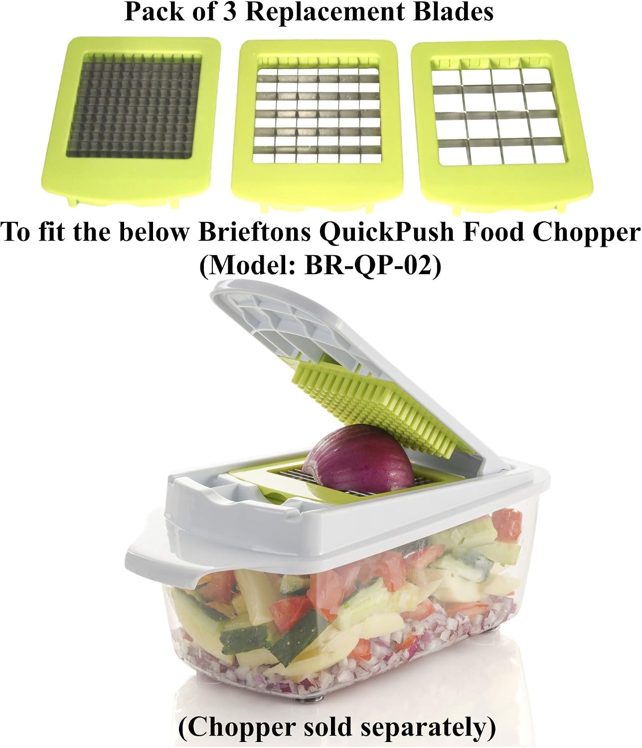 QuickPush Food Chopper (BR-QP-02): Replacement Set of 3 Blades and 1 Cleaning Brush, Green - Image 3