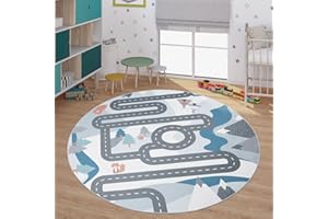 Paco Home Kids Rug Play Mat Mountain Road with Bears & Trees in Blue Cream, Size: 5'3" Round