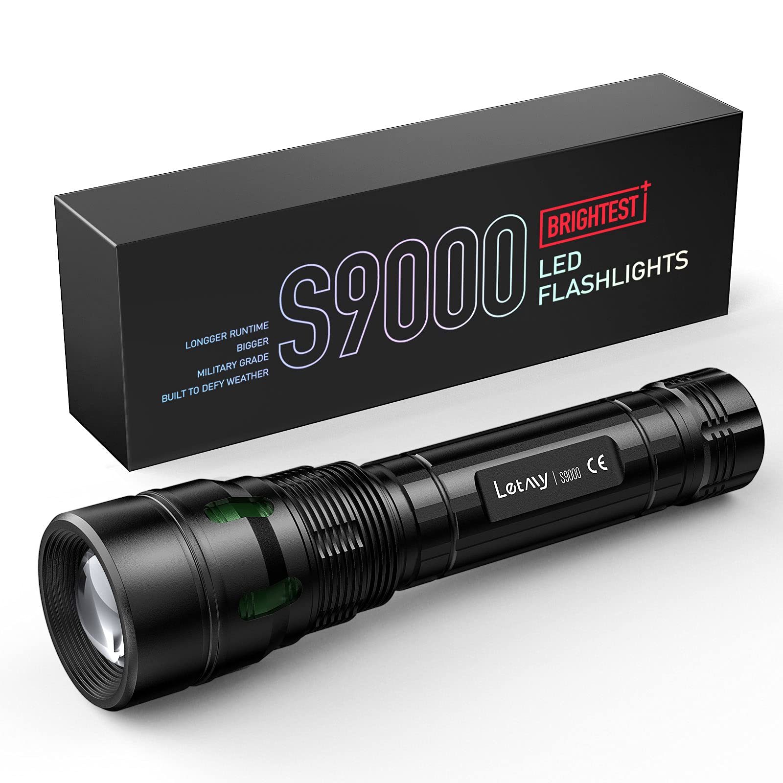 LETMY Led Torch S9000, Upgraded Torches Led Super Bright 5000 Lumens - 3 Lighting Modes, Zoomable and IP67 Waterproof - Powerful Military Tactical Flashlight for Camping Fishing Hiking Emergency