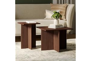 STEAD Square Fluted Nesting Coffee Table - Low Profile 2 Piece Square Coffee Table Set - Living Room Furniture - Modern Home Decor - Solid Oak Base (Walnut)