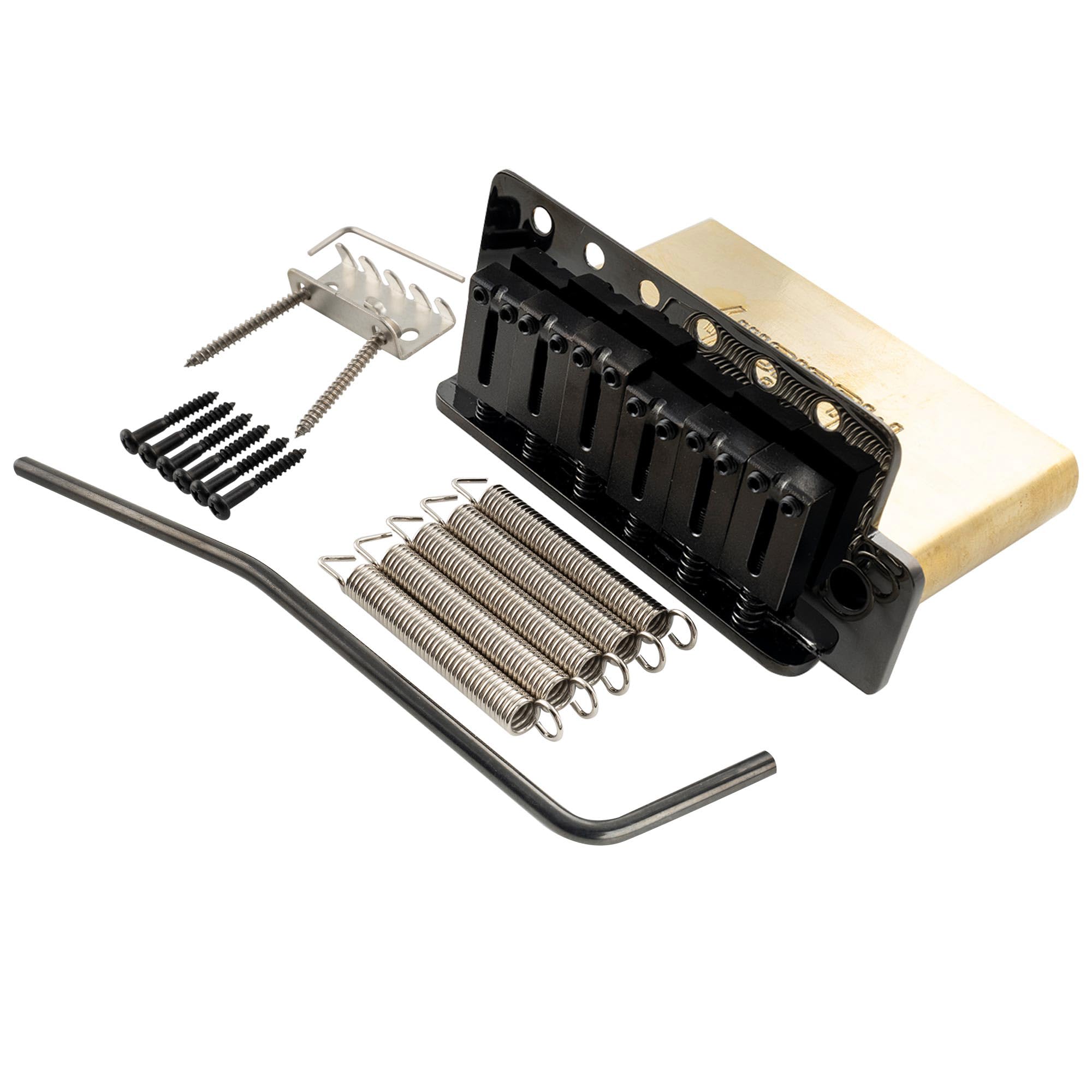 Musiclily Ultra 52.5mm(2-1/16 inch) Standard 6-Screw ST Tremolo Bridge with Modern Brass Saddles 42mm Solid Brass Block Push-In Arm for Strat Style Electric Guitar, Black