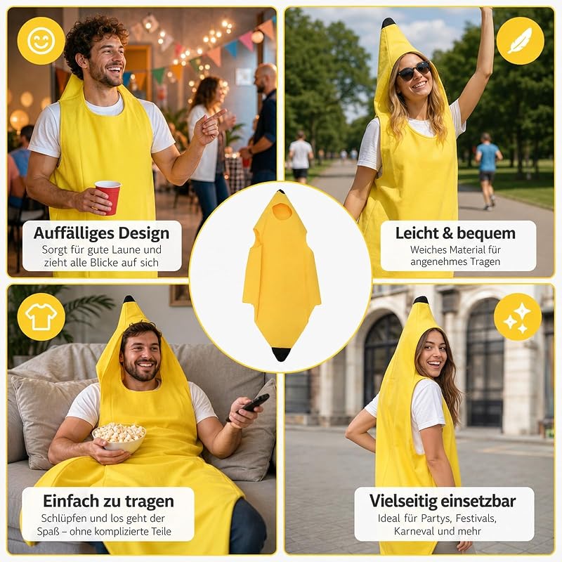 Bananen Kostüm, Bananenkostüm, Obst Kostüm, Lustiges Bananenkostüm für Erwachsene, Herren und Damen, Einteiliges Design für Karneval, Halloween, Party und Cosplay, Perfekte Geschenkidee