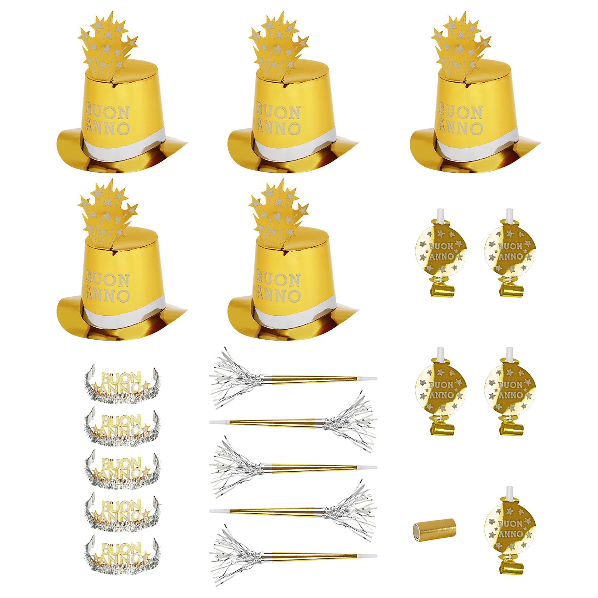 Widmann 8000B - Buon Anno Party Kit for 10 People, Adult Unisex, 5 Cylinders, 5 Crowns, 5 Sound Trumpets, 5 Sound Languages, 10 Streamers, New Year's Eve, Gold Color