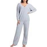 2 Piece Fleece Pajamas for Women Sets V-Neck Outfits Sweater Womens Long Sleeve Fuzzy Loungewear Pajama Set