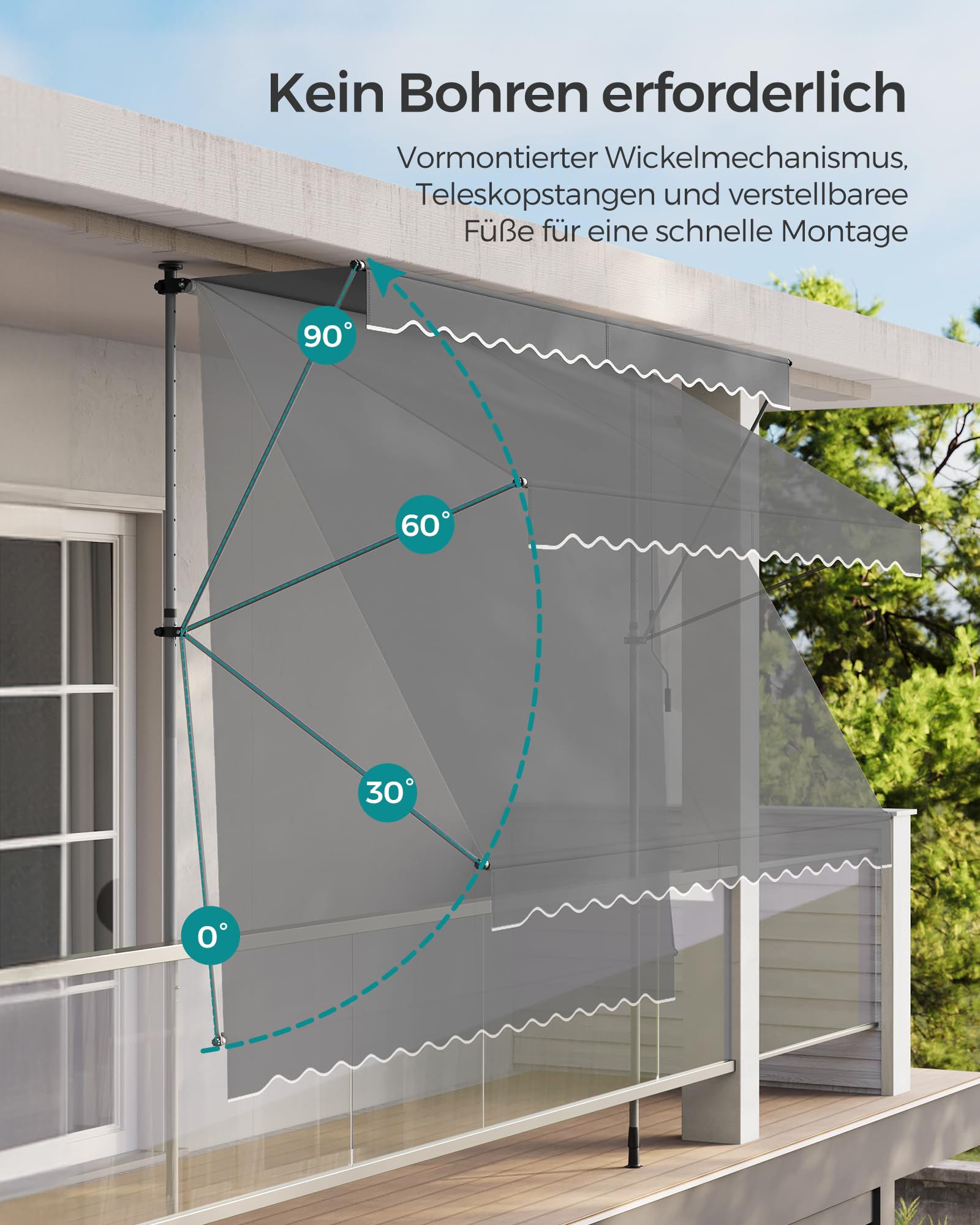 SONGMICS Klemmmarkise, Balkonmarkise, höhenverstellbar, mit Handkurbel, Sonnenschutz, für Balkon, Terrasse, Garten, 300 x 120 cm, anthrazit GSA302G02 6