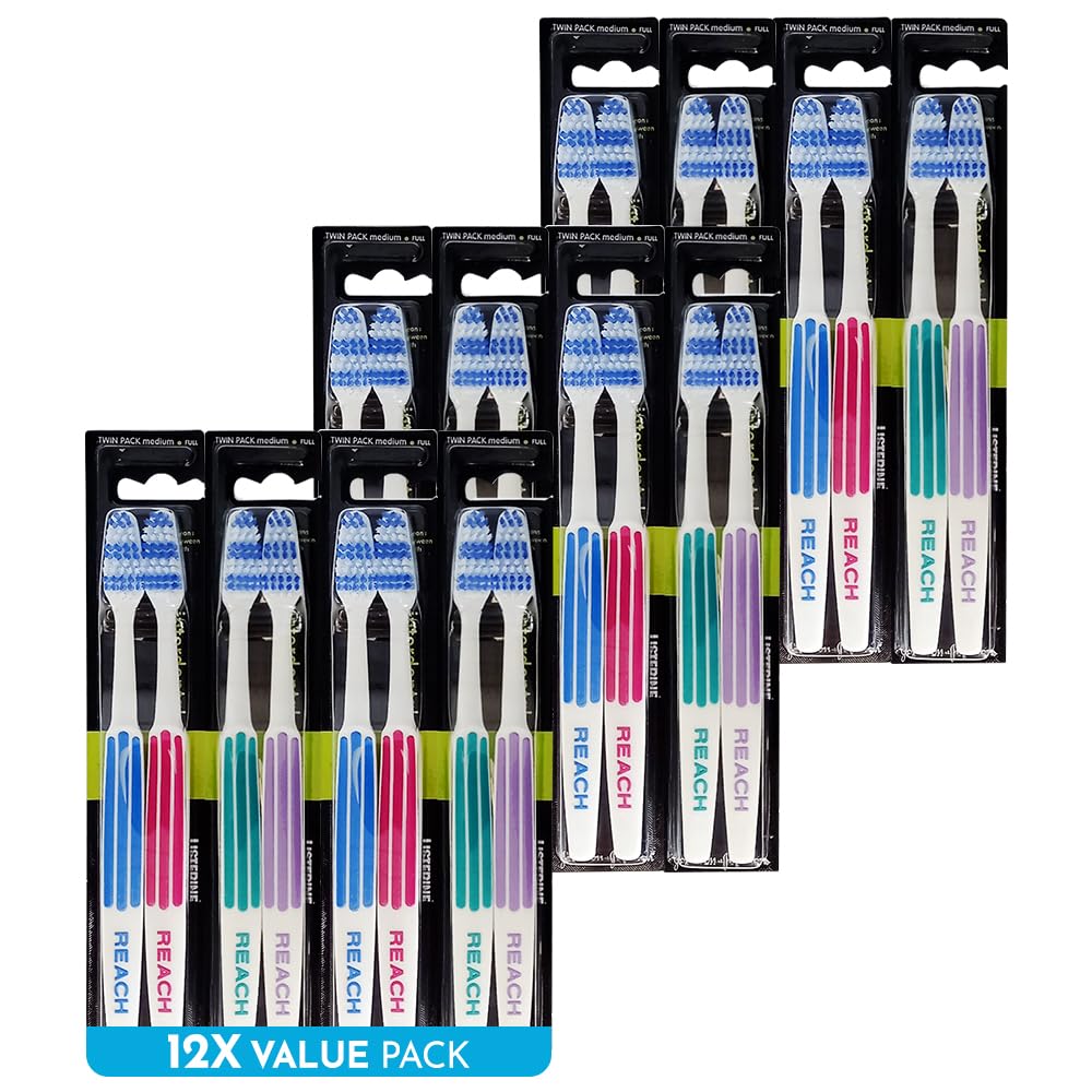 REACH Essential Care Interdental Medium Toothbrush, Duo Pack x 12 โ Full Head Manual Toothbrushes with Medium Bristles, Assorted Colors, Daily Oral Care Multipack โ image 1