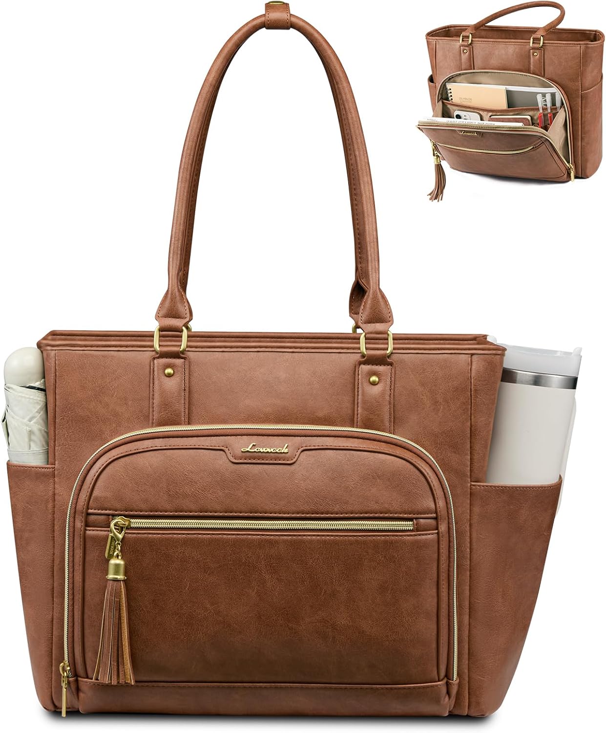 LOVEVOOK Laptop Tote Bag for Women Work, Vintage Leather Teacher Nurse Bag with Large Cup Holder, Bible Handbag Purse GIfs, Waterproof Professional Computer Briefcase for Business Office, 15.6 Inch