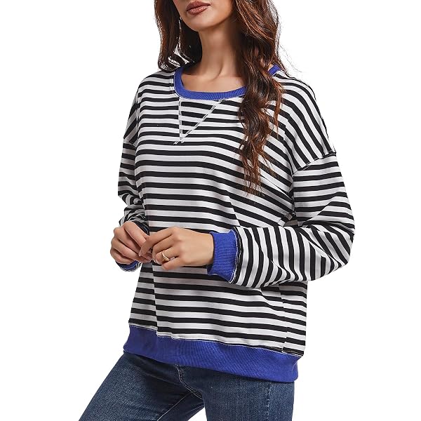 MARS GUARD WOMEN STRIPED SWEATSHIRTS COLOR BLOCK CREWNECK OVERSIZED LONG SLEEVE CLASSIC PULLOVER CASUAL LOOSE SHIRT Y2K TOP BLACK/WHITE
