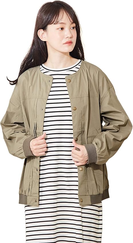 Amazon Cube Sugar キューブシュガー ストレッチ 綿ナイロン ノーカラー ジャケット レディース Mサイズ カーキ コート ジャケット 通販