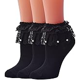 TZYDMN Women Ruffle Socks, Soft Comfortable Lace Frilly Fashion Princess Socks with Pearls 3 Pairs
