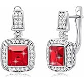 EVEVIC Square Austrian Crystal Earrings Halo Leverback Drop 14k White Gold Plated Earrings for Women Hypoallergenic Jewelry Gift