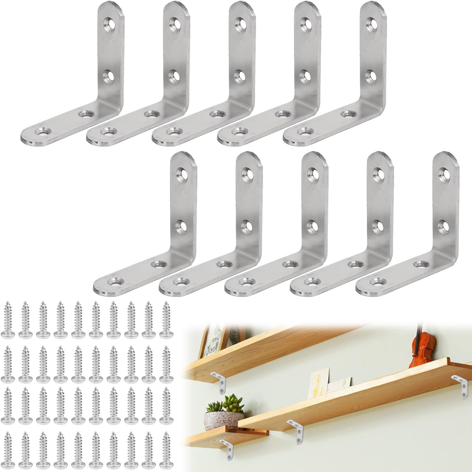 10 Piece Angle Brackets, L Shaped Brackets for Wood, L-Shaped Brackets, Right Angle Bracket, Corner Bracket with Screws, L Bracket, for Wood Furniture Fixation