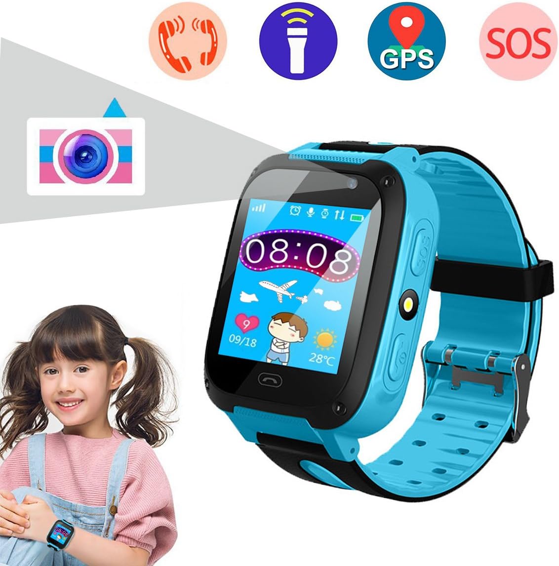 Smart Watch for Kids, Kids Phone Watch with Camera, Qilampe GPS Tracker Game Watch Support Calls Touchscreen Anti-lost SOS Bracelet Children Holiday Birthday Gifts(SIM Card Not Included)