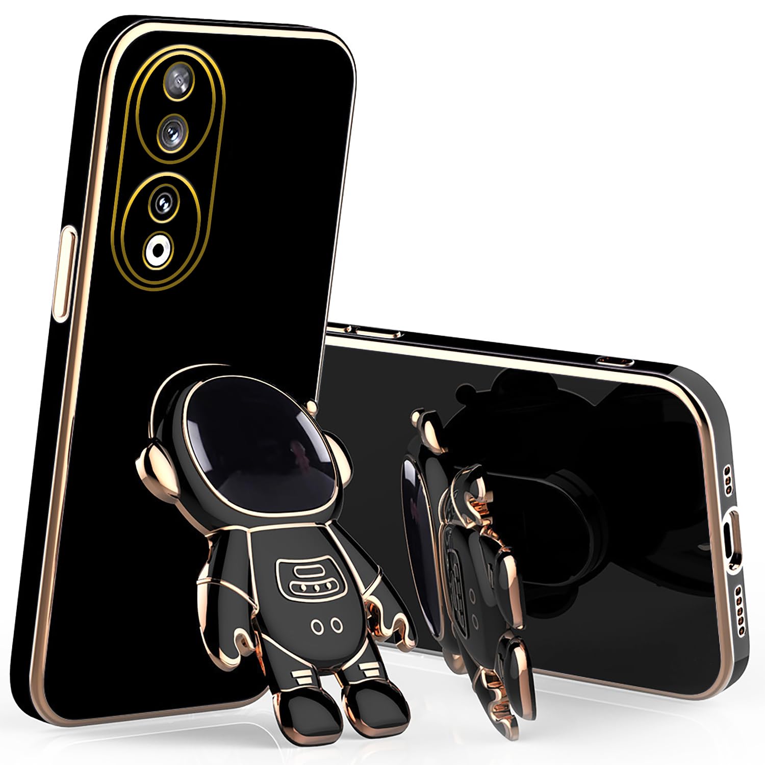 Wousunly Compatible with Honor 90 Smart/Honor X7b Case Shockproof, Ultra Soft Slim Silicone Honor X7b/Honor 90 Smart Phone Case with Cute Astronauts Hidden Kickstand Phone Bumper Cover (Black)