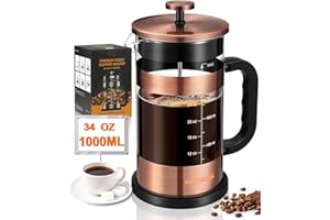 AMFOCUS French Press Coffee Maker - 34 Ounce Classice Stainless Steel Coffee Press with 4-Level Filtration System, Heat Resistant Thickness Borosilicate Glass French Press Coffee Pot for Camping Travel Gift