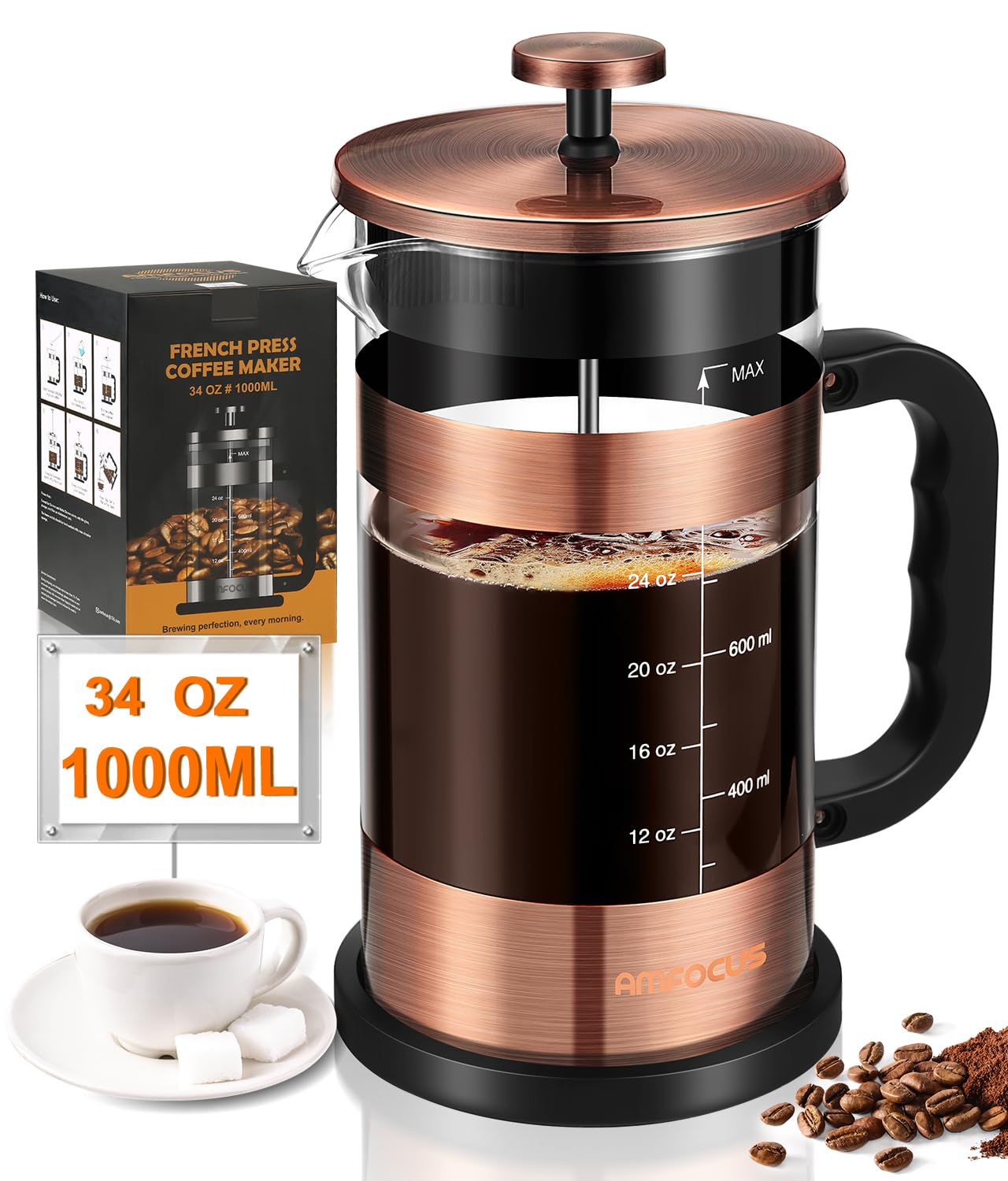 Photo 1 of French Press Coffee Maker - 34 Ounce Classice Stainless Steel Coffee Press with 4-Level Filtration System, Heat Resistant Thickness Borosilicate Glass French Press Coffee Pot for Camping Travel Gift