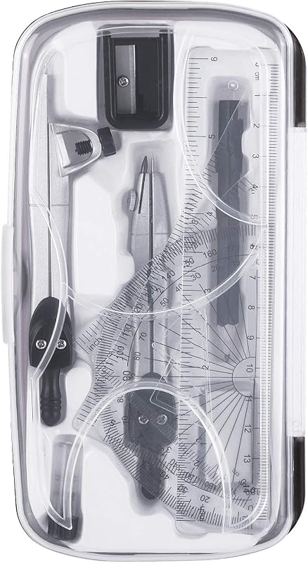 10-teiliges Mathematik-Set, mit Zirkel, Bleistift, Radiergummi, Spitzer, Winkelmesser, Geodreiecken, Lineal und Aufbewahrungsetui