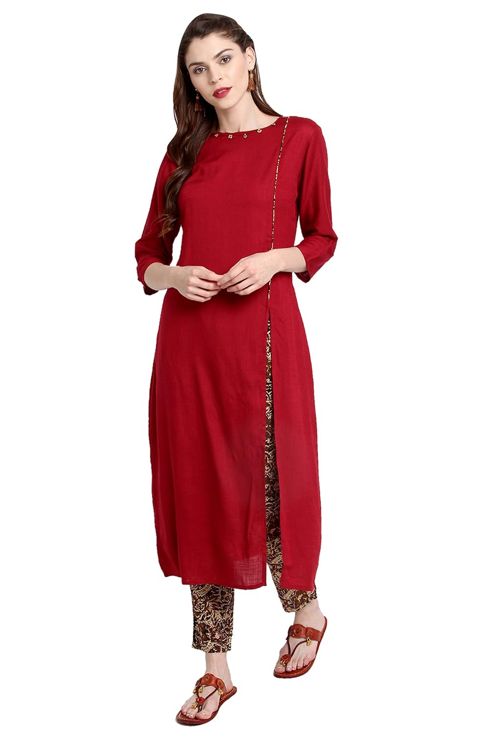 janasya women's maroon rayon a-line plain kurta with pant