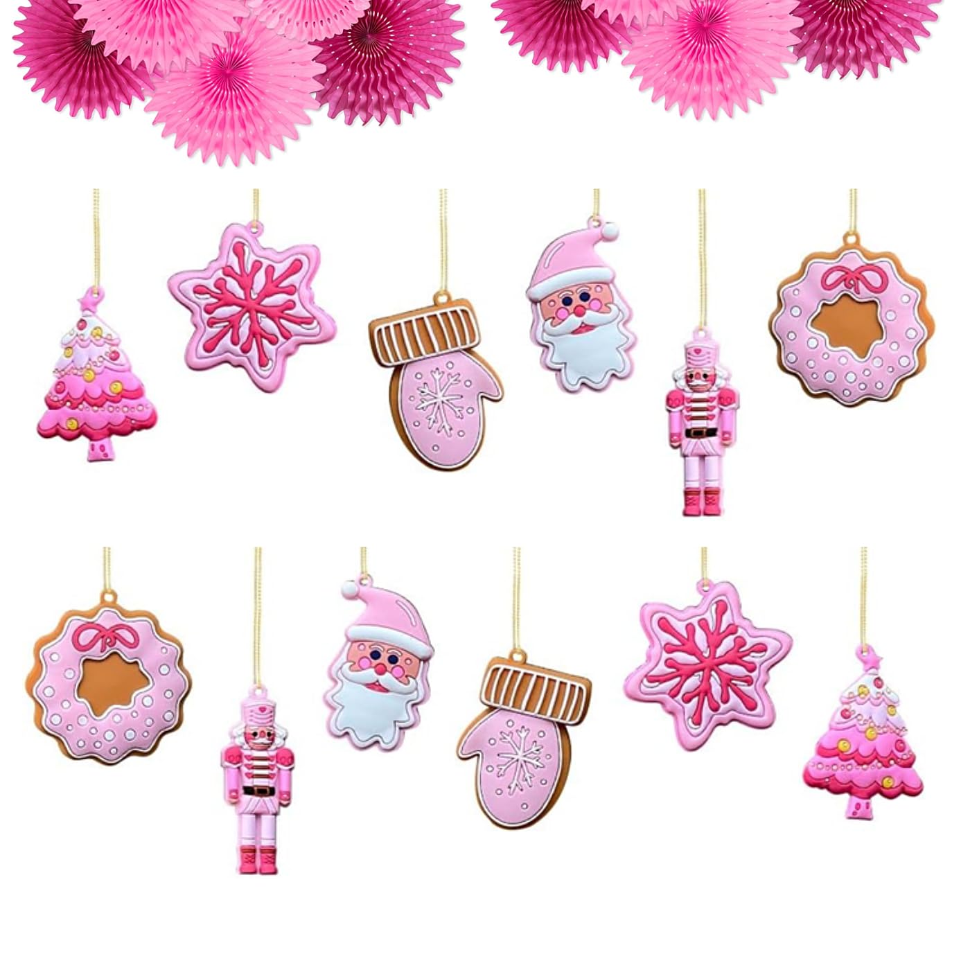Aisszhao 12pc Pink Christmas Nutcracker Ornaments for Tree Decor - Mini Puppet King, Santa Claus Hanging, Winter Holiday Party