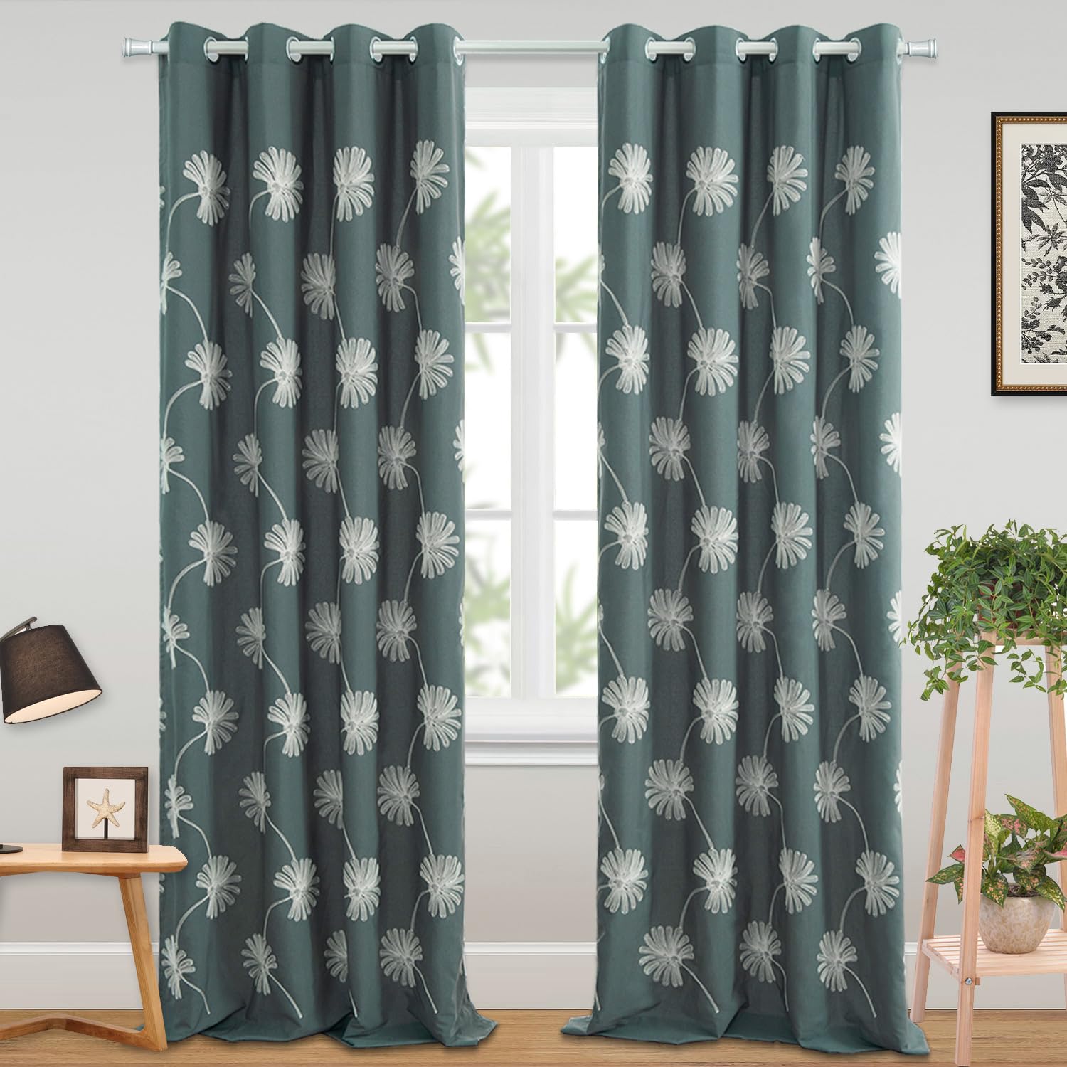 VOGOL 2 Panels Floral Pattern Embroidered Elegant Faux Linen Grommet Curtains, 60% Blackout Window Treatment Panels Drapes for Bedroom/Living Room,52 x 84 Inch