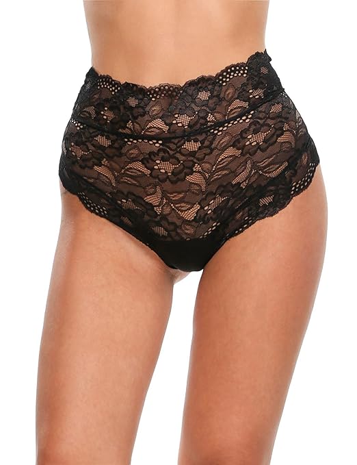 Caeasar Damen Sexy Unterwäsche Blumenspitze Retro Hipster Midi Slips Reizvolle hoher Taille Dessous Schwarz