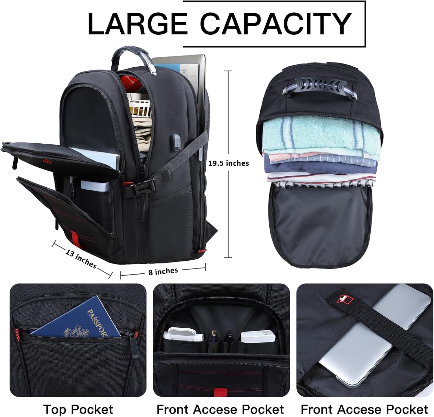 Extra Large Travel Laptop Backpack, 17.3 Inch Carry on Backpack for Men Women with USB Port, 50L Anti Theft Water Resistant College Bussiness TSA Airline Approved Work Computer Backpack, Black