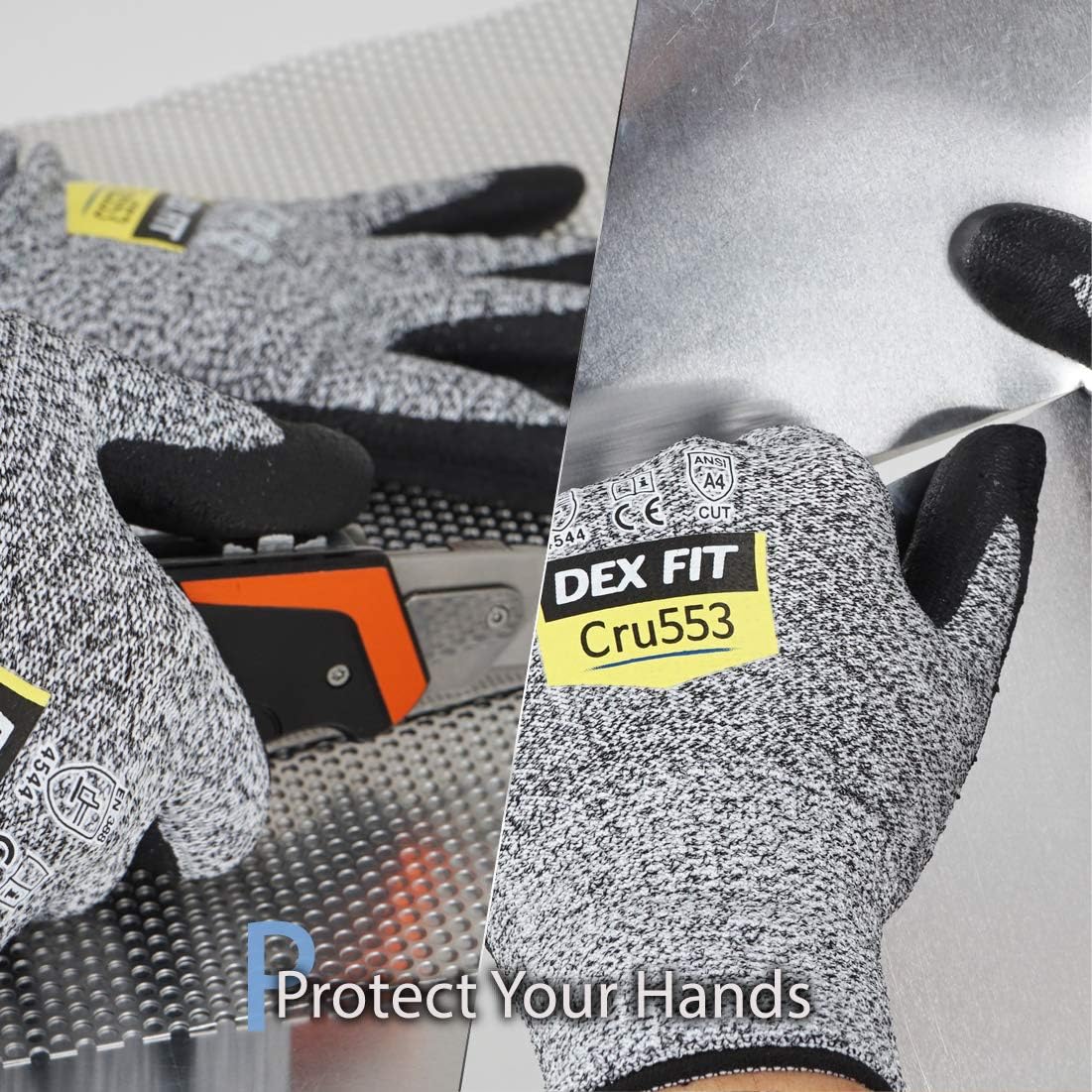 DEX FIT Level 5 Cut Resistant Gloves Cru553, 3D Comfort Stretch Fit, Power Grip Foam Nitrile, Smart Touch, Durable Thin & Lightweight, Machine Washable, Grey Large 1 Pair - - 