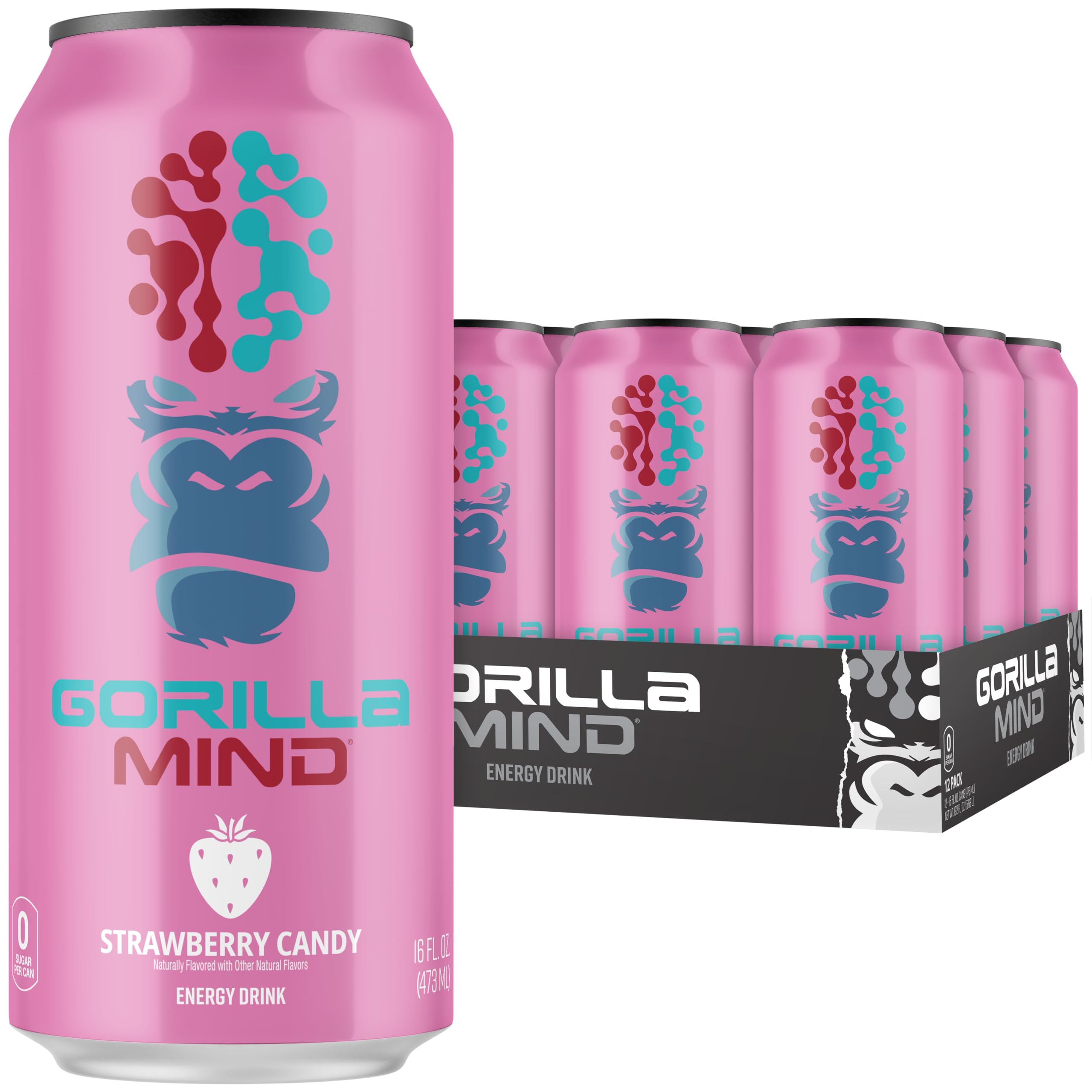 Photo 1 of Gorilla Mind Energy Drink | Unmatched Energy · Amplified Focus | N-Acetyl-L-Tyrosine, Alpha-GPC, 200mg Caffeine, Uridine, Saffron | 0 Sugar Or Artificial Colors | 16oz, 12-Pack (Strawberry Candy)