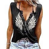 Summer Sexy V Neck Tank Tops for Women Casual Loose Fit Sleeveless T Shirts Country Music Ring Hole Basic Shirts Tanks