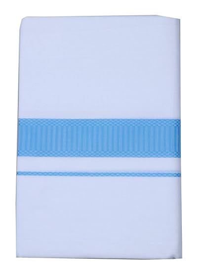 Men's PolyCotton Double Dhoti, Free Size_124,White and Blue Zari