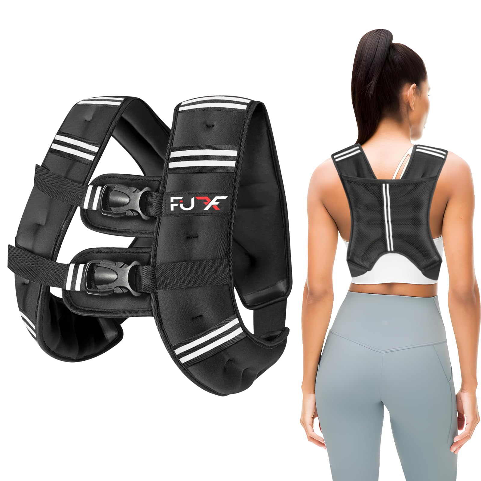 FUFF Weighted Vest Woman, 12 LB Womens Weight Vest for Walking, Strength Training Weight Vests for Female Men, Reflective Stripe Fitness Body Vest for Workout Running Jogging (Black) Image