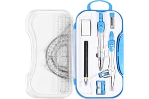 Vobou 10 Pieces Math Geometry Kit Set Student Supplies with Shatterproof Storage Box,Includes Rulers,Protractor,Compass,Eraser,Pencil Sharpener,Lead Refills,Pencil,for School and Drawings（Blue）