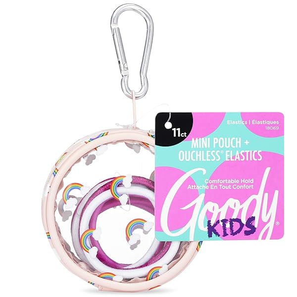 GOODY KIDS OUCHLESS ELASTICS WITH MINI POUCH, FOR ALL HAIR TYPES – ACCESSORIES FOR WOMEN AND GIRLS – PERFECT FOR LONG LASTING BRAIDS, PONYTAILS AND MORE, PEACH RAINBOW, 11 COUNT