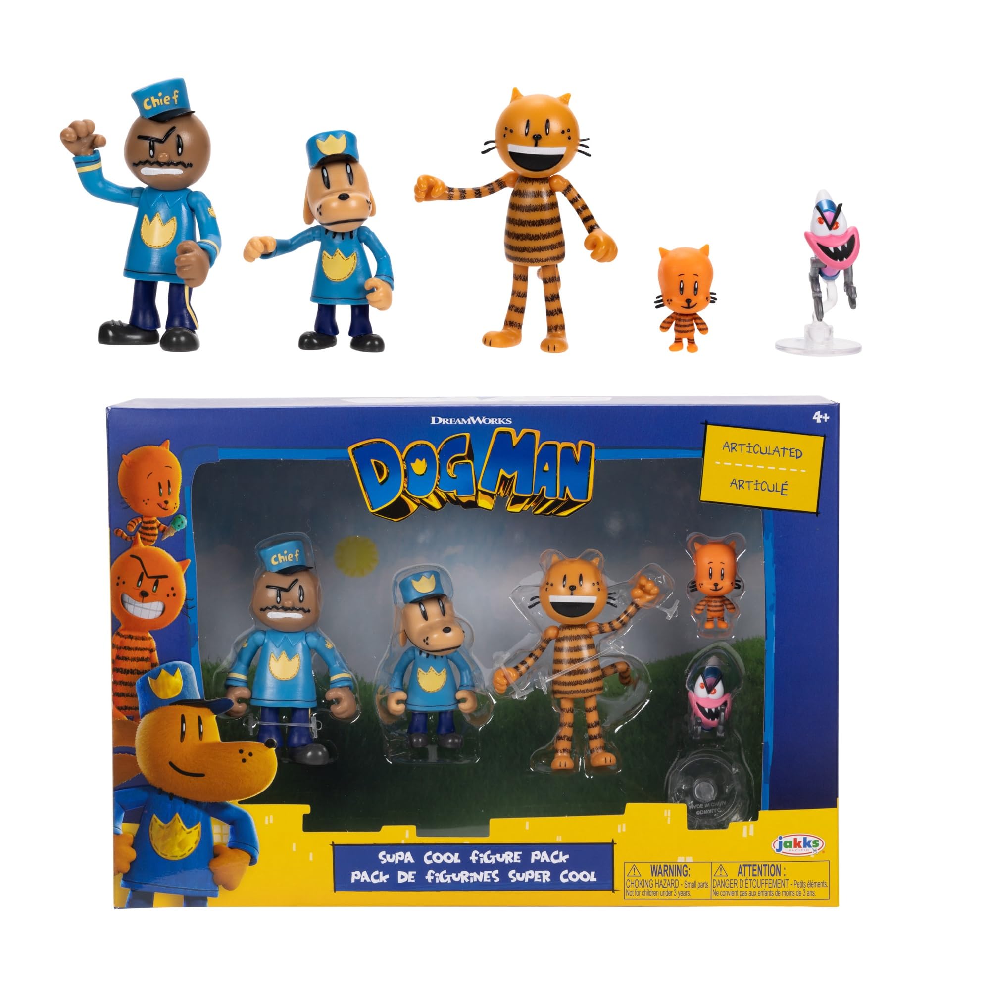Dog Man Movie Action Figures Multipack Set by Jakks Pacific, Includes 6.3 cm Articulated Scale Figures - Inspired by the Dog Man Movie Toys, Lil Petey, Petey, Chief, and Flippy!