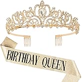 COCIDE Birthday Queen Sash & Rhinestone Tiara Set Gold Happy Birthday Crowns for Women Party Decoration Kit Rhinestone Headband for Women Glitter Crystal Hair Accessories for Cake Topper