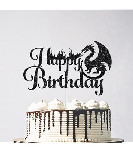 Black Glitter Dragon Birthday Cake Topper - Happy Birthday Decor For Kids, Dragon Knight Theme