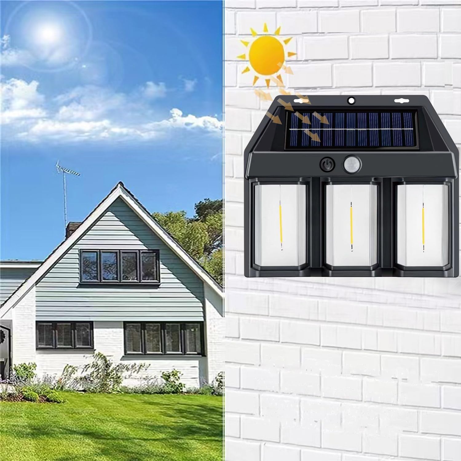 YZYOE 3 LED Outdoor Solar Induction Warm Light Wall Lamp, Adjustable 3-Mode Courtyard Light, Wireless Dusk to Dawn Motion Sensor Searchlight IP65 Waterproof.