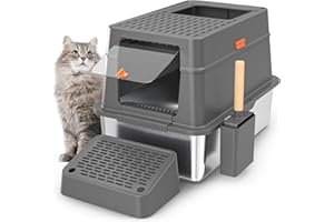 HiHloy Enclosed Stainless Steel Cat Litter Box with Lid, Extra Large Metal Litter Pan Tray with High Wall Sides, Large Scoop 