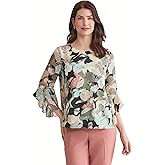 Kasper Womens Petite Ruffle Sleeve Printed Chiffon Top