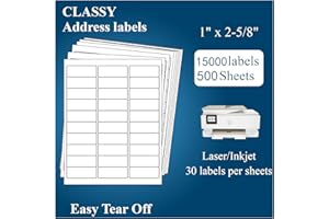 (500 Sheets, 15000 Labels) Sticker Paper, 1" x 2 5/8" Shipping Address Labels, 30 Per Page Self Adhesive Mailing Label for La
