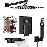 Fatspas Shower System with Tub Spout, Shower Faucet Set with 10 Inch Rain Showerhead Handheld Shower and Tub Spout, Wall Mounted High-Pressure Showerhead Combo Set Included Valve and Trim, Matte Black